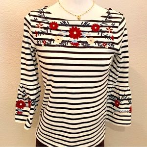 J Crew Striped Floral Embroidered 3/4 Bell Sleeve Top Blouse Shirt XS